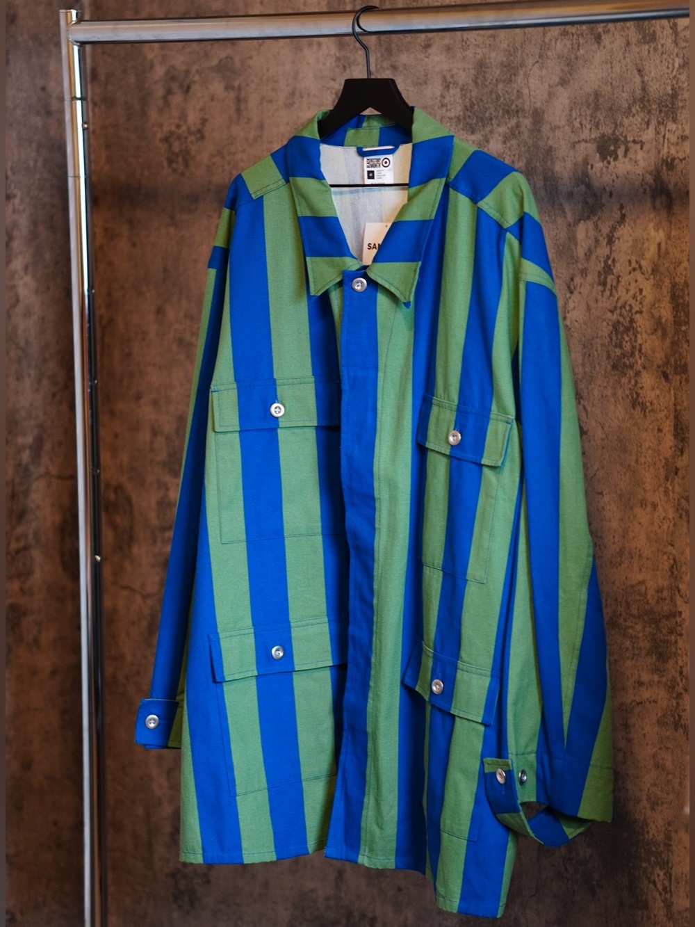 Blue & Green Vertical Stripe Oversized Shirt Jacket